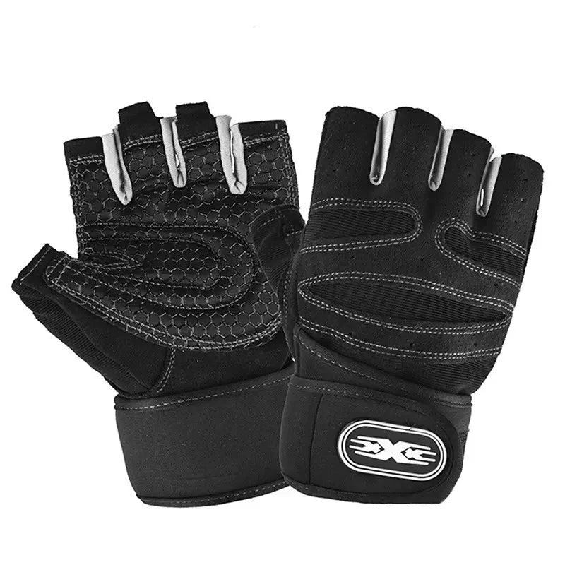 Pair of black fingerless gym gloves with padded honeycomb palms and adjustable wrist straps.
