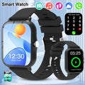 Black smart watch with silicone strap, colour touchscreen, activity tracking, wireless calling and charging display.
