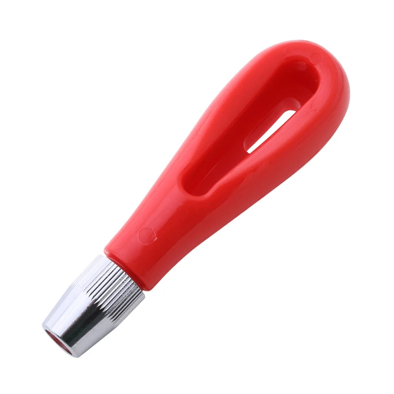 Ergonomic red plastic handle tool with a silver metal collet chuck for securely holding needles or small bits.