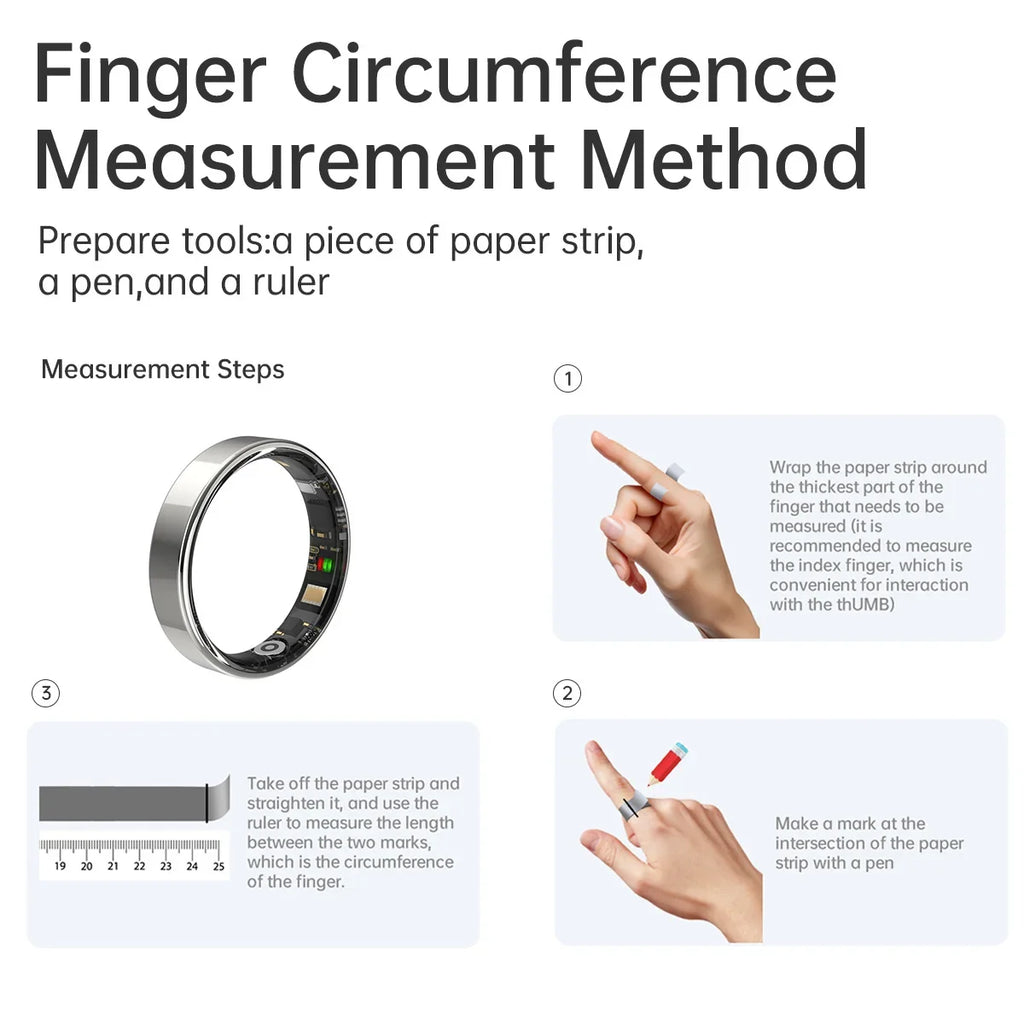 A guide on how to measure finger circumference for a smooth, silver smart health and fitness ring using paper and a pen.