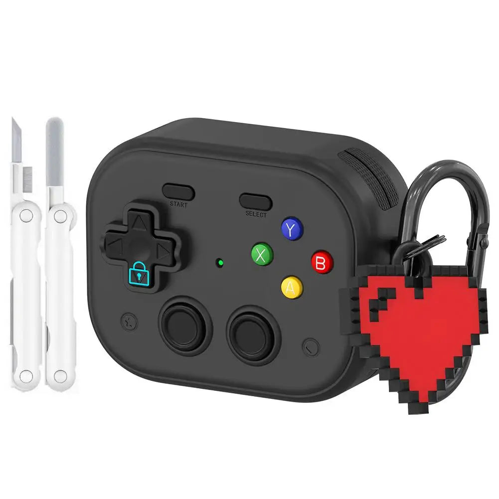 Black silicone AirPods Pro case with retro game controller design, featuring a pixelated heart keyring.