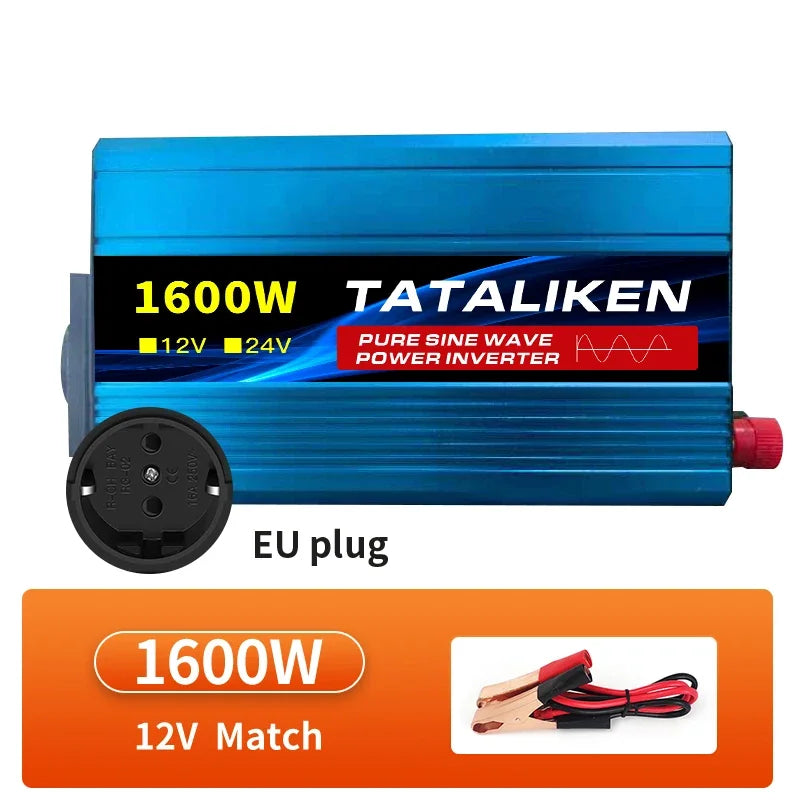 Blue 1600W pure sine wave power inverter with EU plug and battery connection cables.