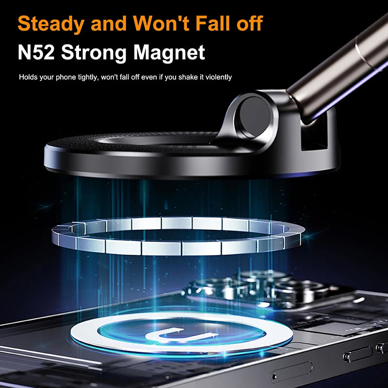 Black metallic magnetic phone mount showing internal circular magnet ring aligning with a smartphone against dark background.
