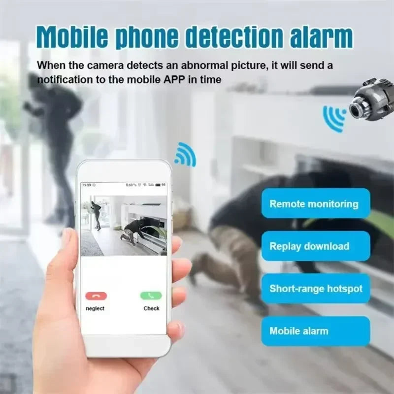 White plastic security camera shown on a smartphone app interface displaying remote monitoring and motion alert features.
