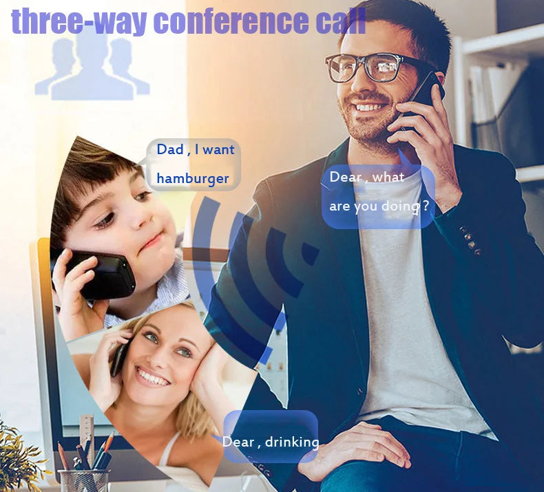 A man in a navy blazer on a three-way conference call with his wife and child, depicted with speech bubbles.