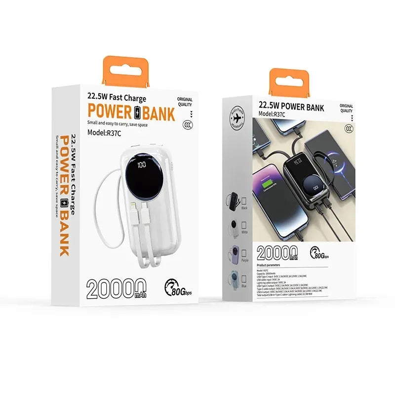Two boxes showing a sleek white 20,000mAh portable power bank with built-in cables and a digital display.