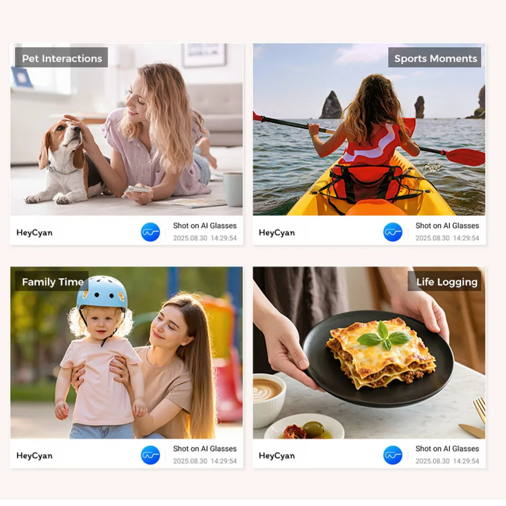 Four lifestyle images showing smart HD video glasses capturing pet, sports, family and food moments from a first-person view.