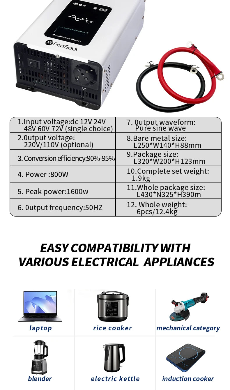 White 2000W pure sine wave power inverter with digital display, AC socket, and red and black battery connection cables.