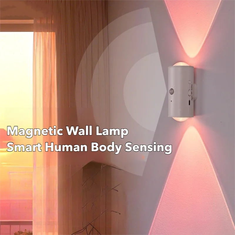 Minimalist white rechargeable wall lamp with motion sensor, emitting a soft, ambient pink glow in a dual-beam design.