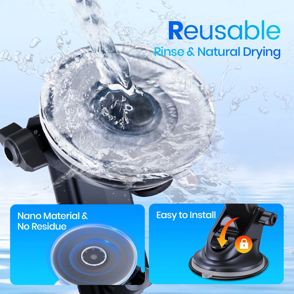 Black car phone mount with a clear, reusable, washable suction cup for dashboard or windshield installation.