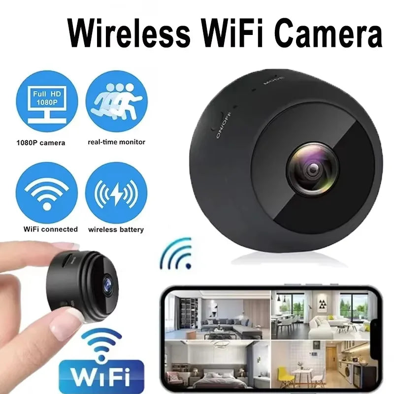 Small round black plastic wireless WiFi camera for 1080p remote monitoring via smartphone.