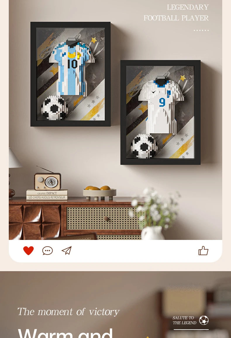 Two framed 3D brick art pieces featuring blue/white and white football jerseys with balls, hanging on a beige wall.