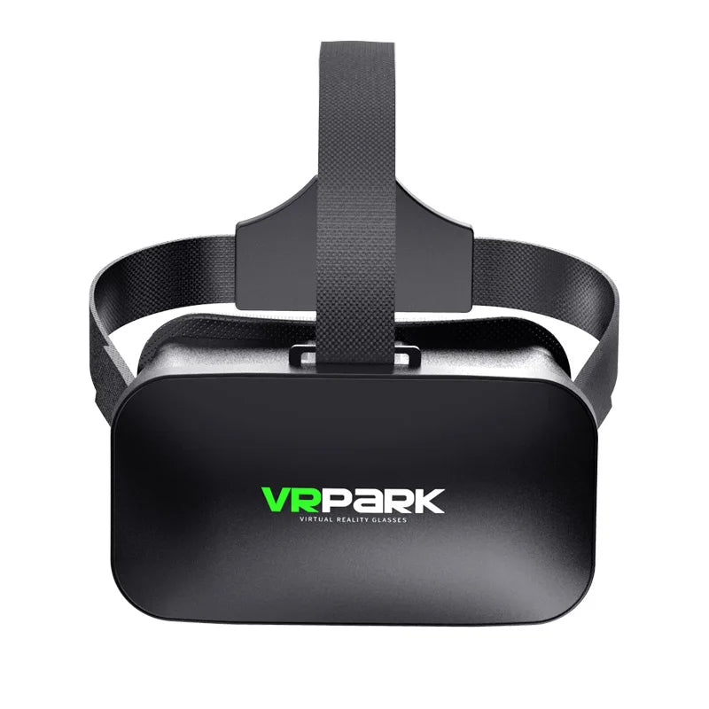 Black virtual reality headset with an adjustable elastic head strap, featuring a minimalist, smooth front design.
