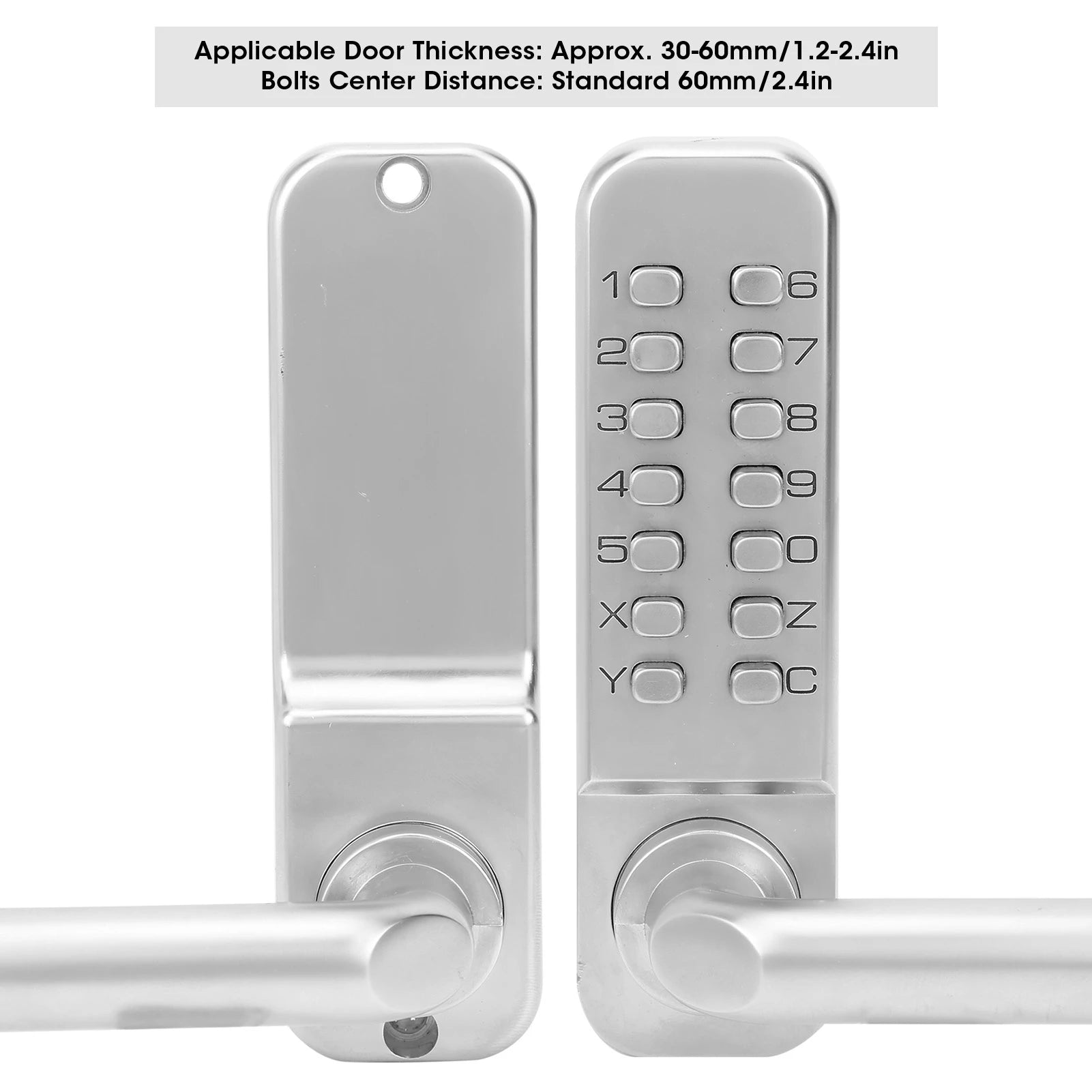 Silver metal mechanical combination door lock with push-button keypad and lever handles.
