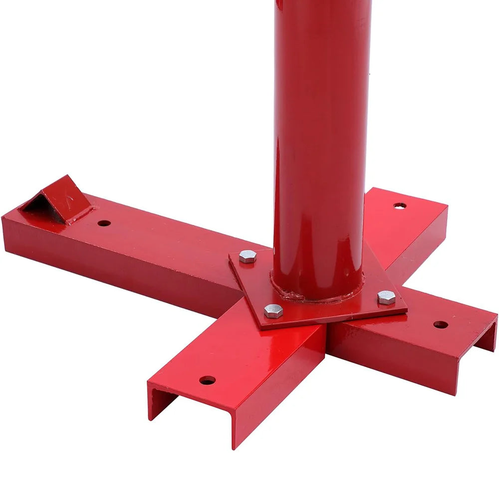 Red manual tire changer base with a vertical post bolted to a sturdy X-shaped metal frame.