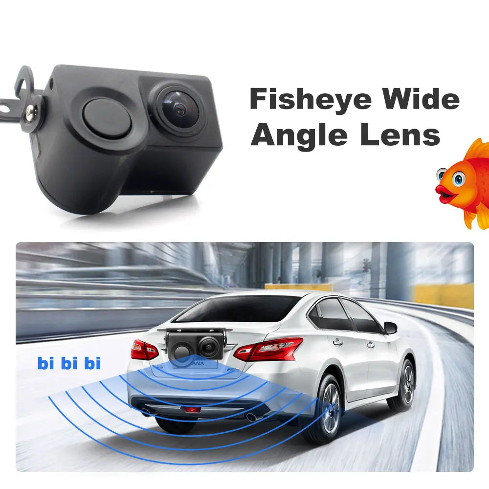 Black 2-in-1 car reversing camera and parking sensor with a wide-angle fisheye lens, mounted on a silver car.