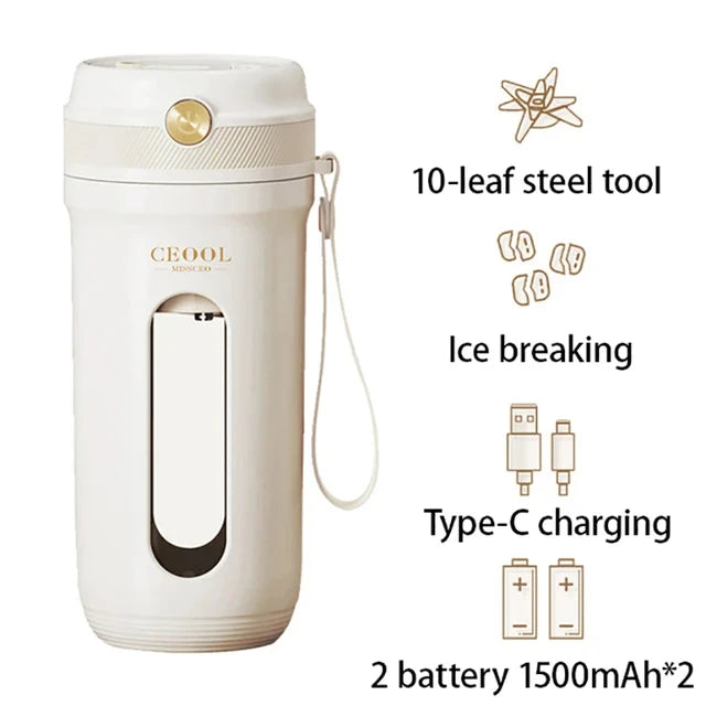 Cream-colored portable electric blender with 10-leaf steel blades, USB-C charging, and a wrist strap.