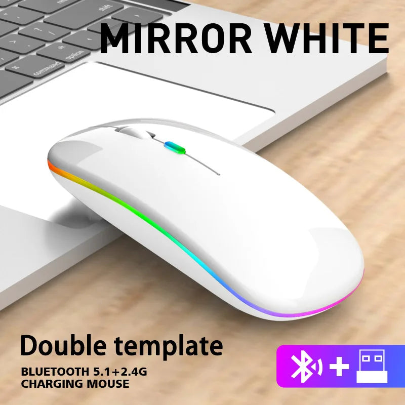 Glossy mirror-white wireless rechargeable mouse with sleek ergonomic design and vibrant LED strip lighting.