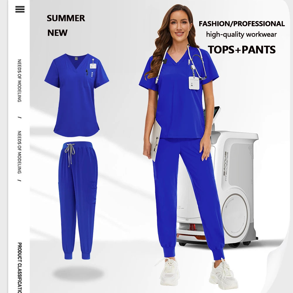 A royal blue medical scrub set, featuring a V-neck top with pockets and joggers with a drawstring waist.