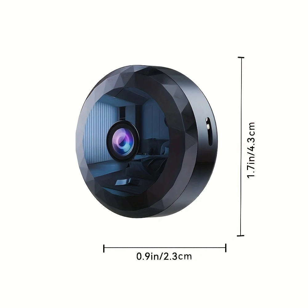 Small, round, black plastic mini security camera with dimensions 1.7in by 0.9in.