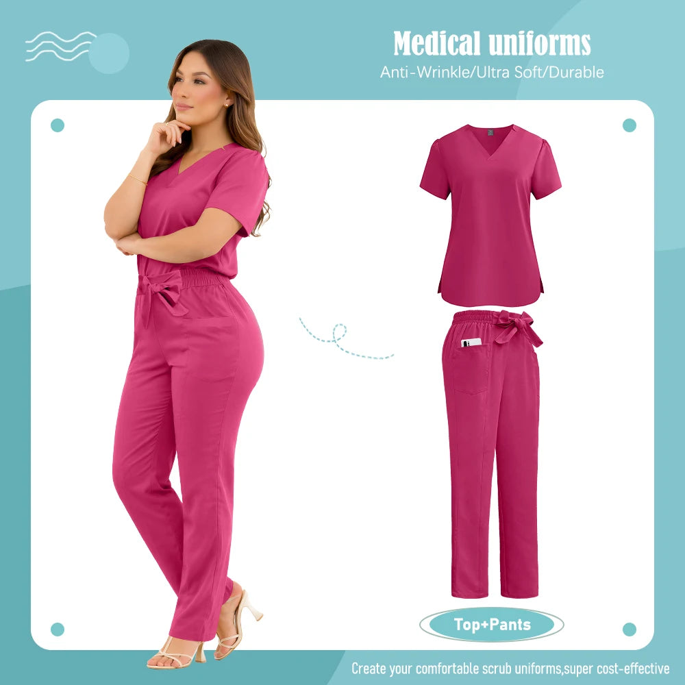 A woman wearing a vibrant pink V-neck scrub top and matching trousers with a tie-waist and side pockets.