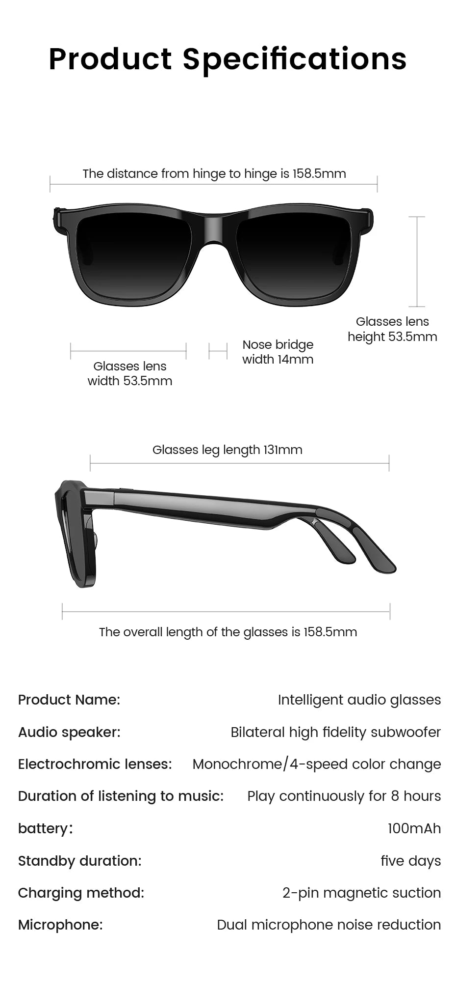 Smart audio glasses in black with technical dimensions, showing a sleek frame design and lens measurements.