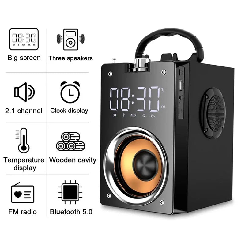 Portable black wooden Bluetooth speaker with a carry handle, digital clock display, and visible speaker driver.