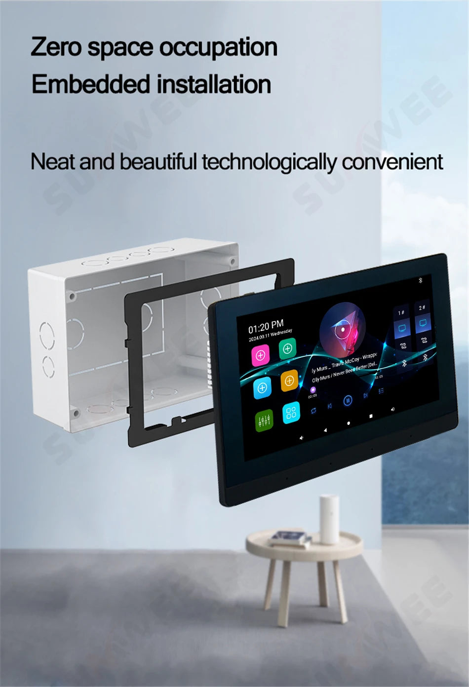 A sleek, black 7-inch wall-mounted Android amplifier display with an included white recessed mounting box.