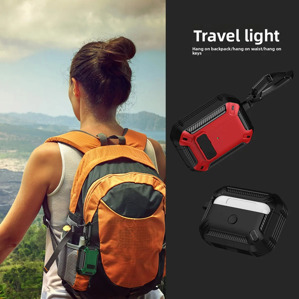 Rugged, heavy-duty protective AirPods case in red and black with carabiner clip for travel and outdoor use.