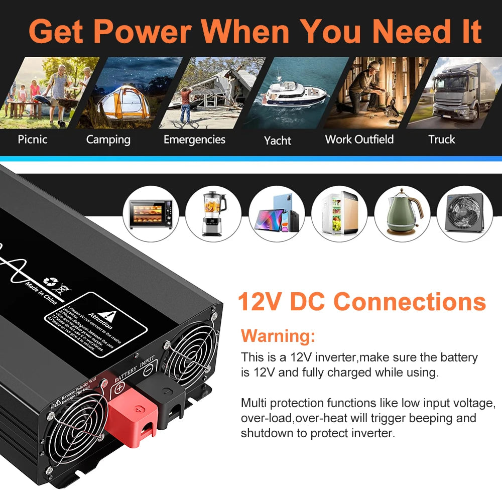 Black 4000W-5000W pure sine wave power inverter with cooling fans and red and black 12V battery input terminals.