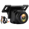 Black vehicle reversing camera with a wide-angle lens and mounting bracket, including black cabling and connection leads.