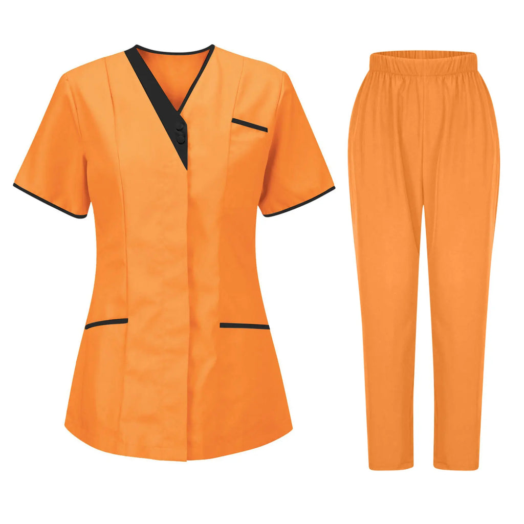 Women’s orange salon and healthcare uniform set, featuring a short-sleeved V-neck tunic with black trim and trousers.