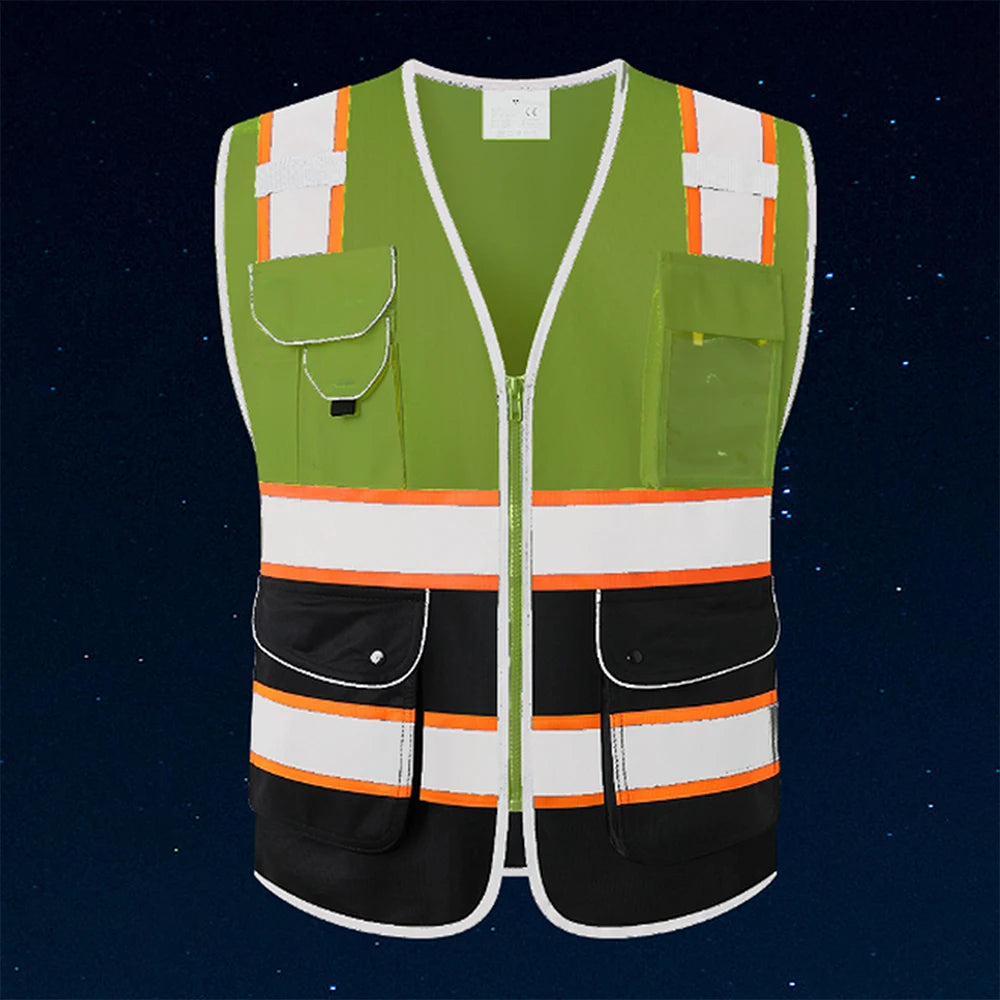 High-visibility green and black workwear vest with reflective strips and multiple utility pockets.