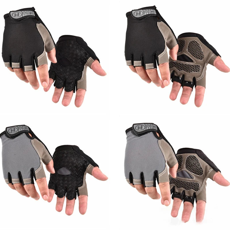 Four pairs of fingerless cycling gloves in black and grey, featuring textured palms, velcro straps, and mesh fabric.