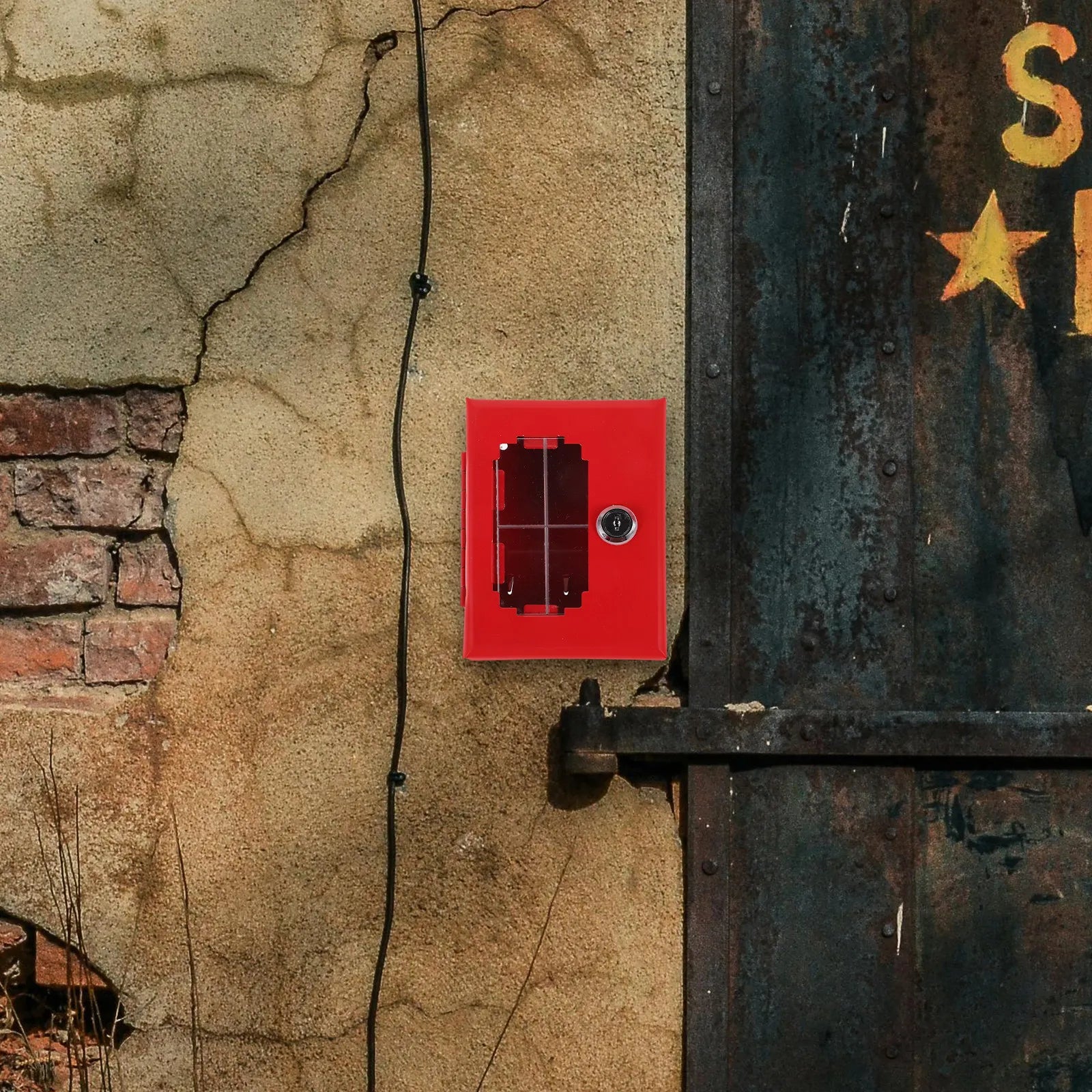 A red, rectangular metal fire alarm pull station box with a key lock and a clear acrylic break-glass cover.