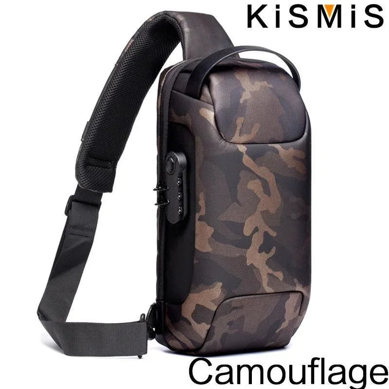 Camo-print waterproof crossbody bag with an integrated anti-theft combination lock and USB charging port.