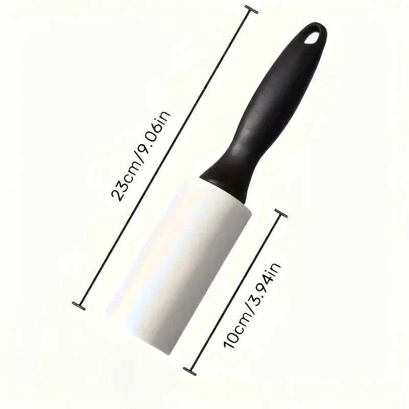 White lint roller with a black handle, showing dimensions of 23cm total length and 10cm roller width.