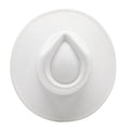 Top-down view of a classic white felt fedora hat with a teardrop-shaped crown and wide brim.
