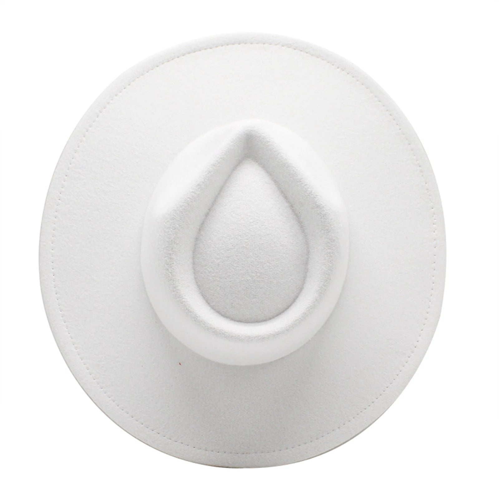 Top-down view of a classic white felt fedora hat with a teardrop-shaped crown and wide brim.