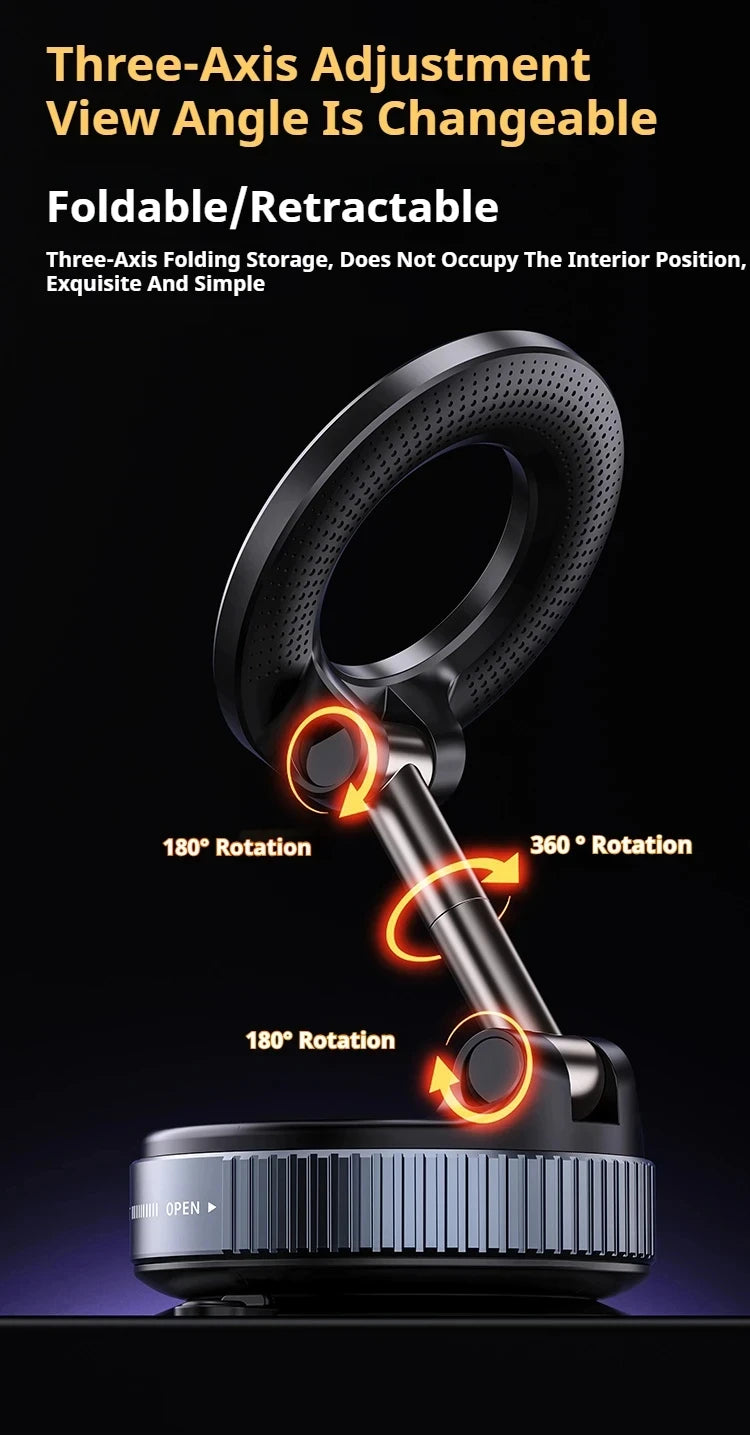 Foldable, black metal phone stand with a circular mount, three-axis rotation, and an adjustable, retractable design.