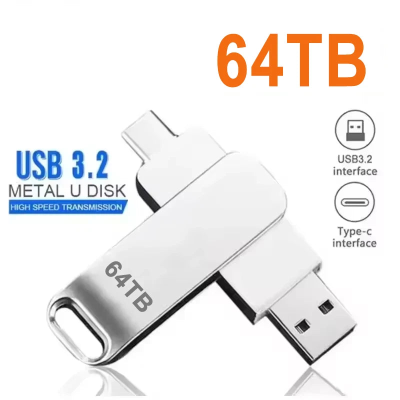 Silver 64TB USB 3.2 metal flash drive with dual USB-A and USB-C connectors for high-speed data transfer.