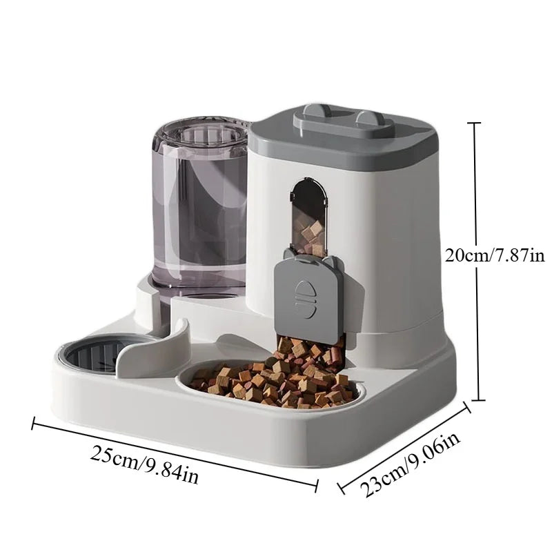 Grey and white automatic pet feeder with a built-in water fountain and food bowl, showing measurements.