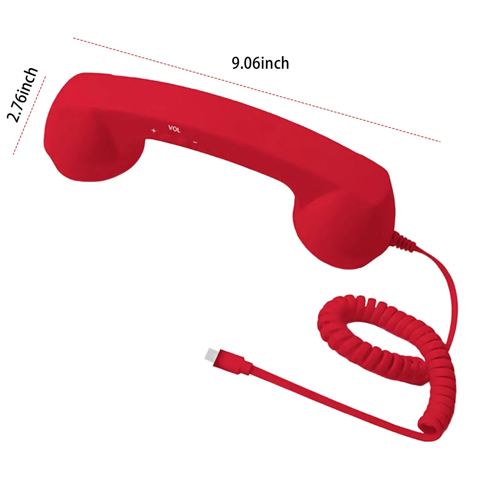 Red retro-style telephone handset with a coiled cord and volume controls, measuring approximately 9 inches in length.