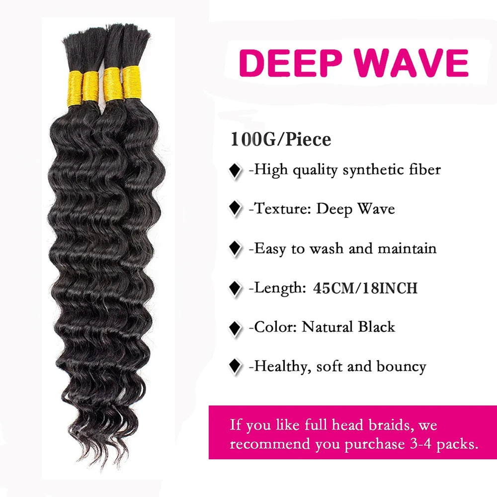 Two bundles of long, natural black deep wave human hair tied at the top with yellow bands.