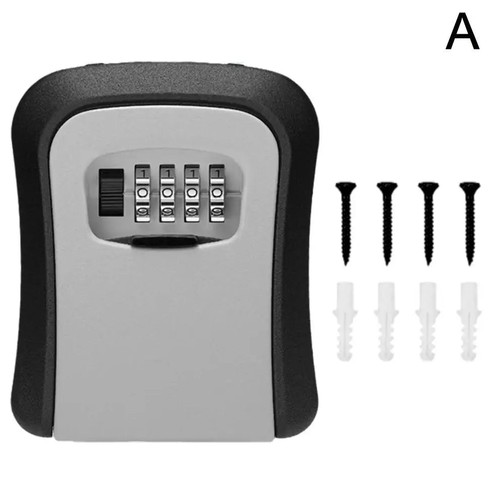 Black and grey plastic wall-mounted key lock box with a four-digit combination dial, plus mounting screws and plugs.