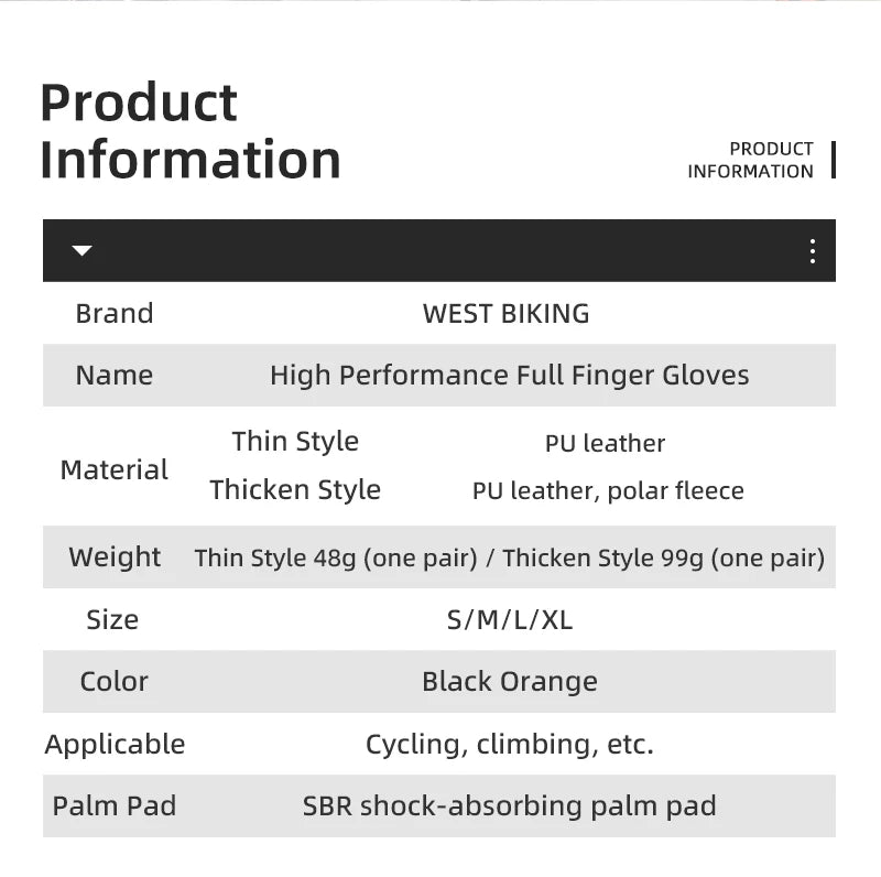 Product information table for West Biking black and orange full-finger cycling gloves with shock-absorbing palm pads.