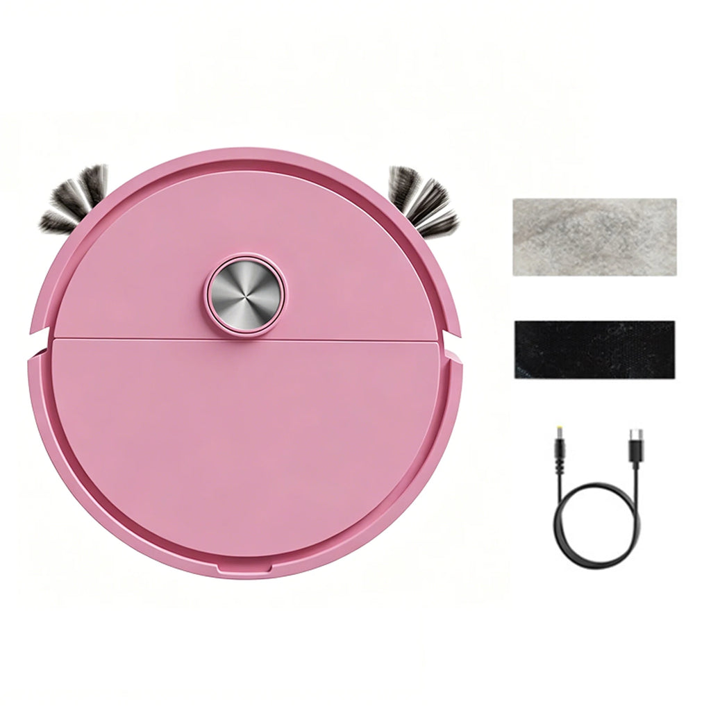 Pink robotic vacuum cleaner with side brushes, two rectangular cleaning pads, and a black charging cable.