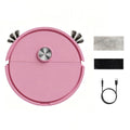 Pink robotic vacuum cleaner with side brushes, two rectangular cleaning pads, and a black charging cable.