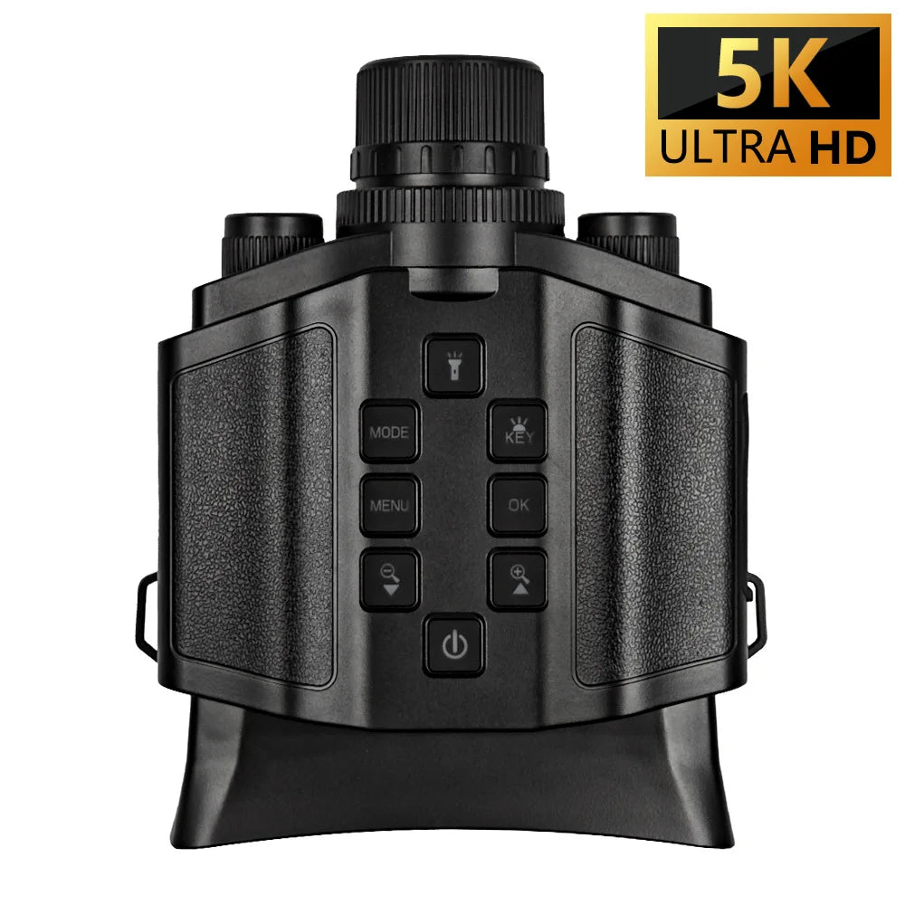 Black plastic digital night vision binoculars with a control panel of buttons and a central focus dial.