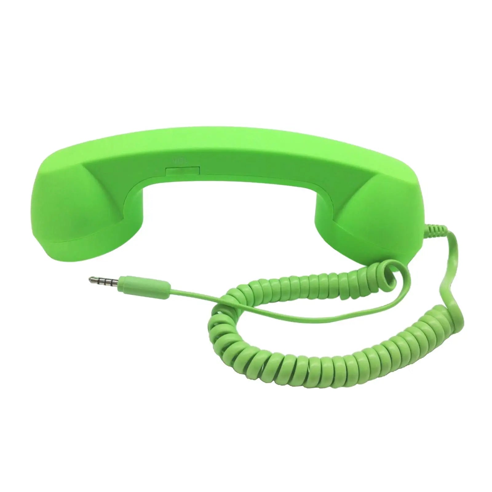Bright lime green retro-style telephone handset with a coiled cable and 3.5mm jack for smartphones.